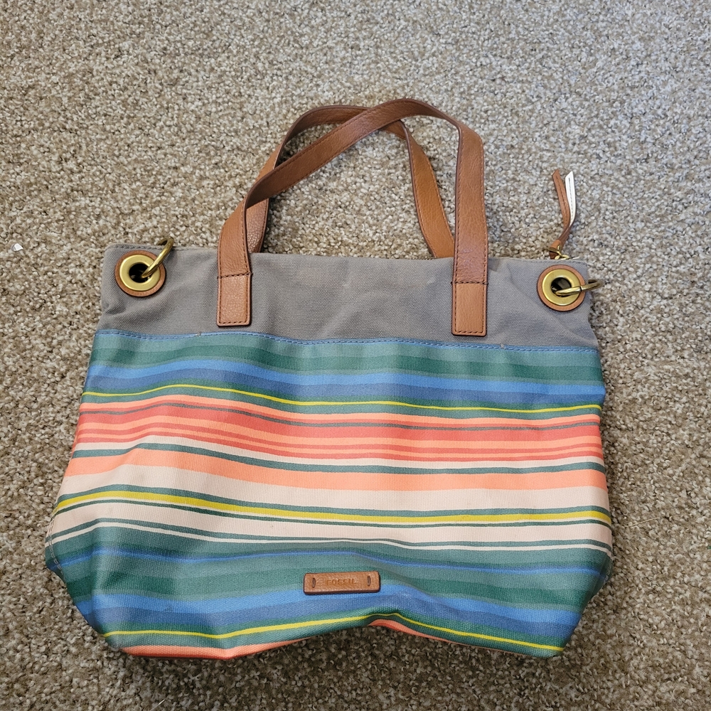 Fossil Striped Canvas Tote with Brown Leather Handles